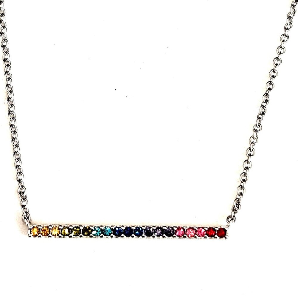 Coach Rainbow Pave Crystal Bar 16" Silver Tone Chain Necklace